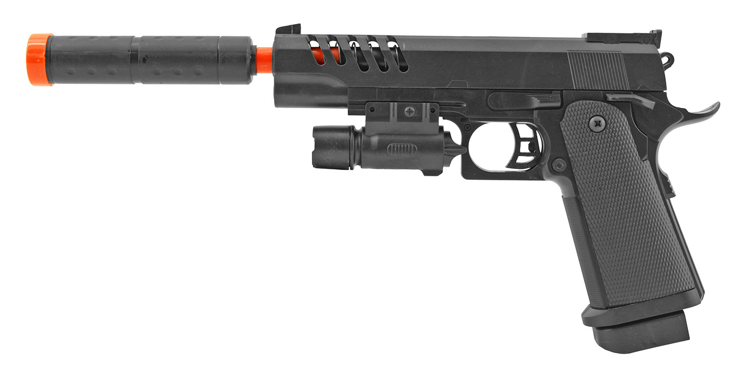 Uk Arms P Spring Powered Airsoft Handgun With Silencer And Laser Light