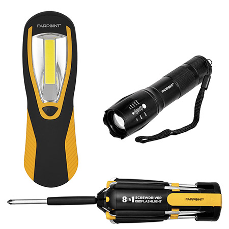 FarPoint 3-pc. Do-It-All Set - Tactical Flashlight | Utility Work Light | 8-in-1 Screwdriver with Flashlight