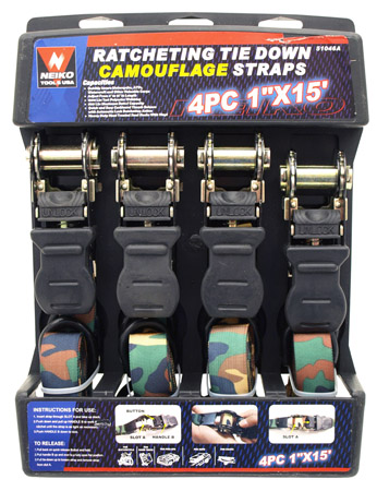 4-pc. 1" x 15' Ratcheting Tie Down Straps - Camouflage
