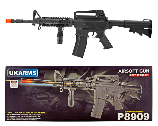 UK Arms P8909 M4 Spring Powered Airsoft Assault Rifle with Flashlight and Laser