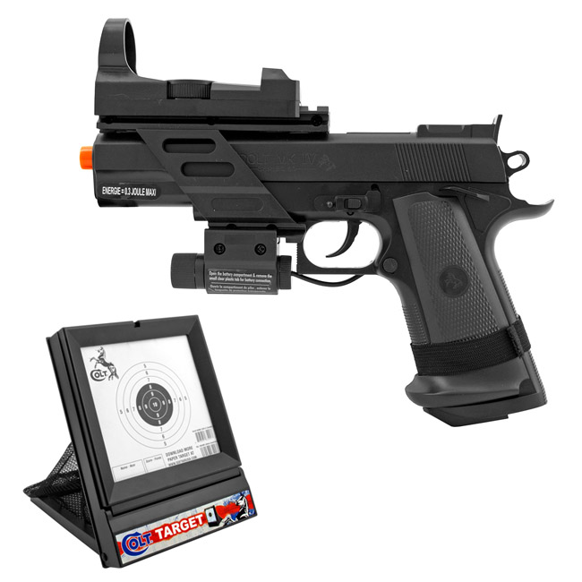 Colt MK IV Spring Powered Airsoft Sidearm Pistol Kit with Target and Mock Scope