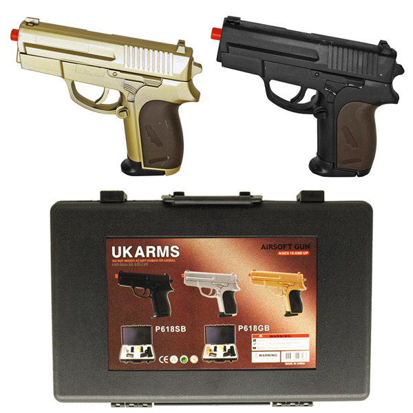 Dual P.618 Spring Airsoft Hand Guns - Gold & Black