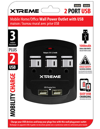3-Outlet Wall Tap w/ 2 USB Ports - Black