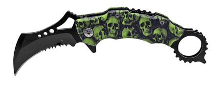 4.5" Spring Assist Hook Folding Knife - Green / Black Skull Camo