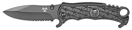 4.5" Spring Assist Barbed Wire Skull Folding Knife - Black