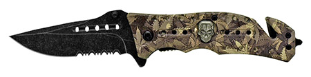 4.5" Spring Assisted Folding Skull Knife - Leaf Camo