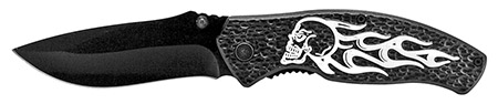 4.5" Spring Assisted Burning Skull Rider Knife - Black
