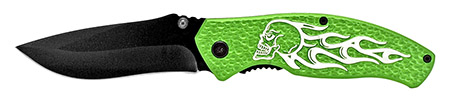 4.5" Spring Assisted Burning Skull Rider Knife - Green