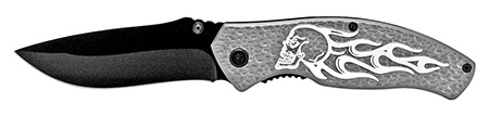 4.5" Spring Assisted Burning Skull Rider Knife - Grey