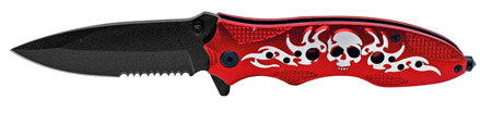 4.5" Spring Assist Flaming Skull Folding Knife - Red & Silver