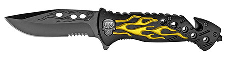 4.5" Spring Assist Flaming Skull Folding Knife - Gold