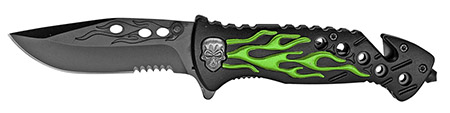 4.5" Spring Assist Flaming Skull Folding Knife - Green