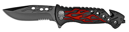 4.5" Spring Assist Flaming Skull Folding Knife - Red
