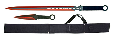 27" Machette w/ Throwing Knives - Black and Red