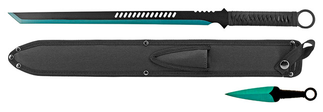 27" Machete with Throwing Knives - Blue