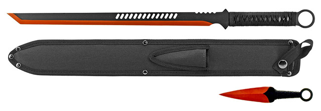 27" Machete with Throwing Knives - Red