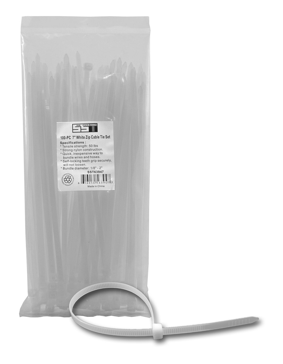 100 pc. 7" White Zip Cable Tie Set - Sun State Tools