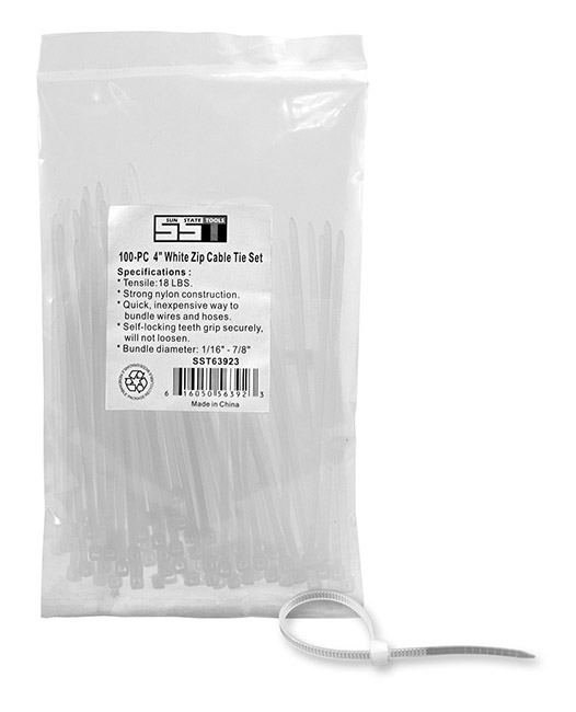 100 pc. 4" White Zip Cable Tie Set - Sun State Tools