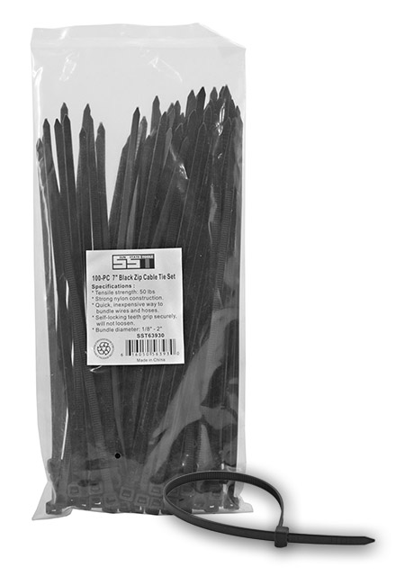 100 pc. 7" Black Zip Cable Tie Set - Sun State Tools