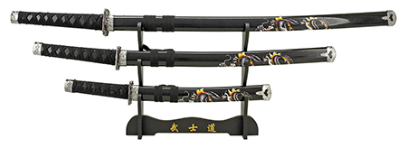 3-pc. Samurai Sword Set - Black Dragon