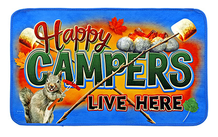 Happy Campers Live Here Squirrel Roasting Campfire Marshmallows RV Motorhome Camping Welcome Door Mat