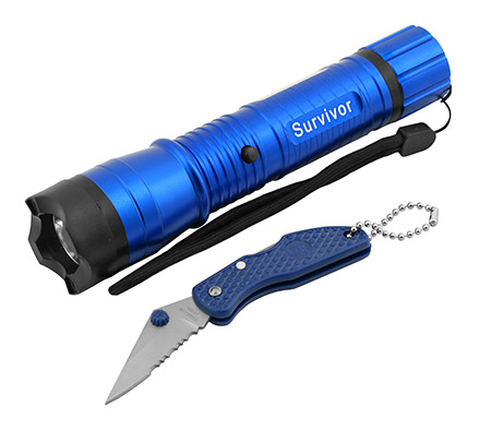 Blue Rechargeable Tactical Flashlight with Pocket Knife Combo Pack - Refurbished