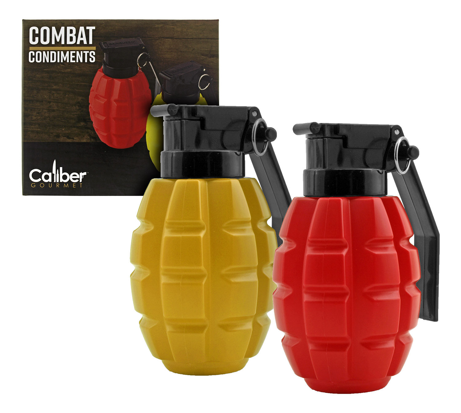 "Combat Condiments" Hand Grenade Mustard and Ketchup Bottles - Caliber Gourmet