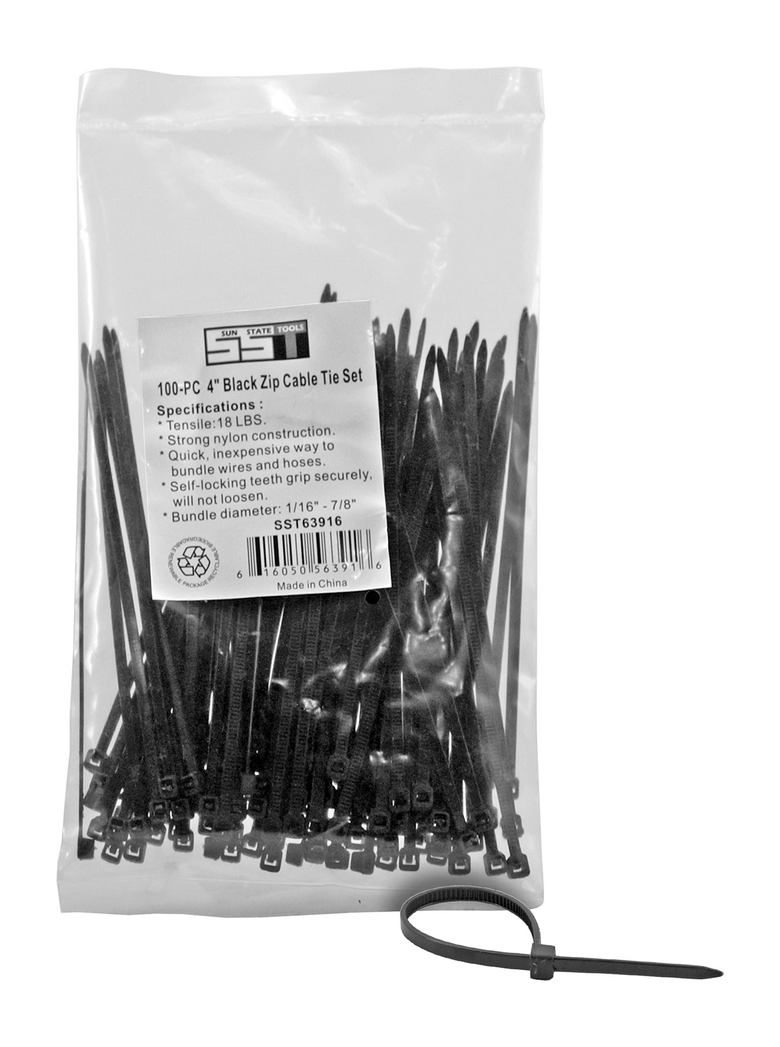 100 pc. 4" Black Zip Cable Tie Set - Sun State Tools