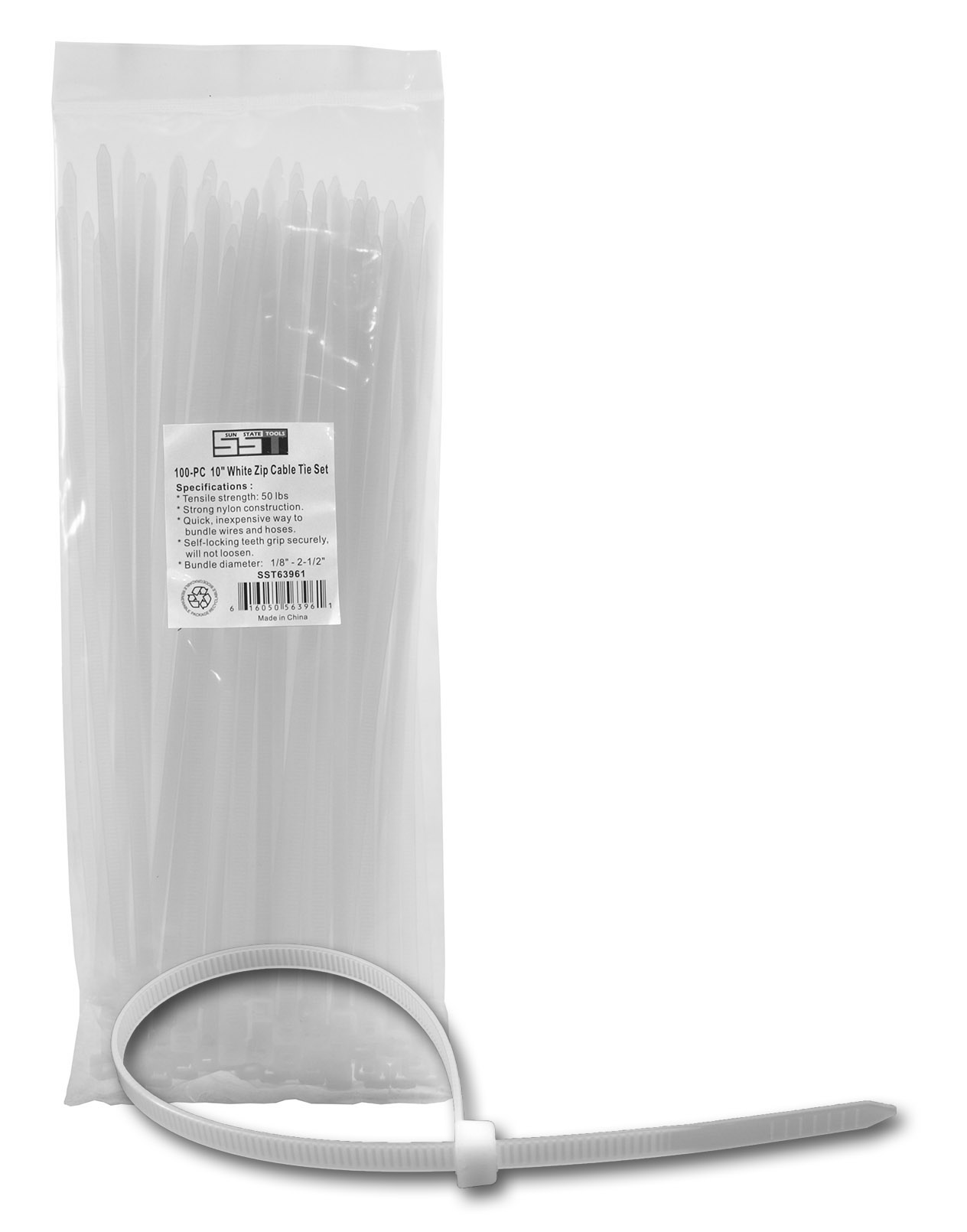100 pc. 10" White Zip Cable Tie Set - Sun State Tools