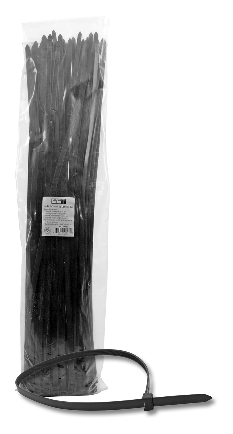 60 pc. 24" Black Zip Cable Tie Set - Sun State Tools