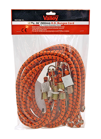 10 pc. 36" Heavy Duty 1/2" Diameter Dual Hook Bungee Cords - Valley Tools