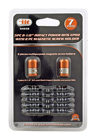 7 pc. 2 - 1/2" Impact Power Bits #PH2 with 2 pc. Magnetic Screw Holders - IIT