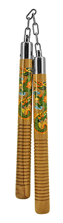 12.75" Real Wood Nunchucks with Metal Chain Attachment - Green and Orange Dragon