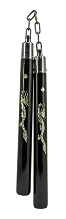 12.75" Real Wood Nunchucks with Metal Chain Attachment - Black and Silver