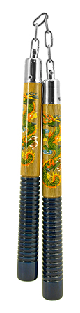 12.75" Real Wood Nunchucks with Metal Chain Attachment - Blue and Green Dragon