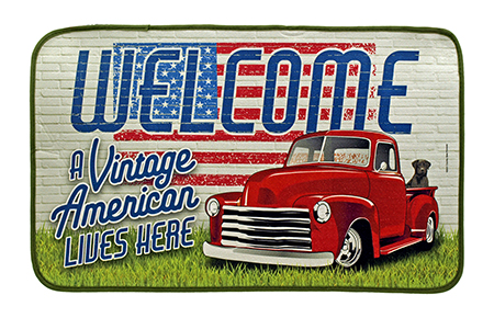 Welcome A Vintage American Lives Here Vintage Farmhouse Pickup Truck with American Flag and Black Lab Welcome Door Mat