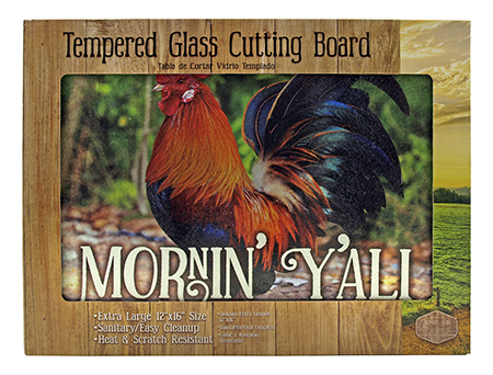 Morning Ya'll Country Rooster Tempered Glass Cutting Board - Country Side