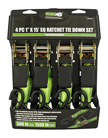 4 - pc. 1" x 15' SQ Ratchet Tie Down Set - Grip