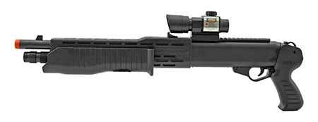 UKArms Tactical CQB Pistol Grip Pump Action Airsoft Shotgun with Mock Red Dot Scope - Black